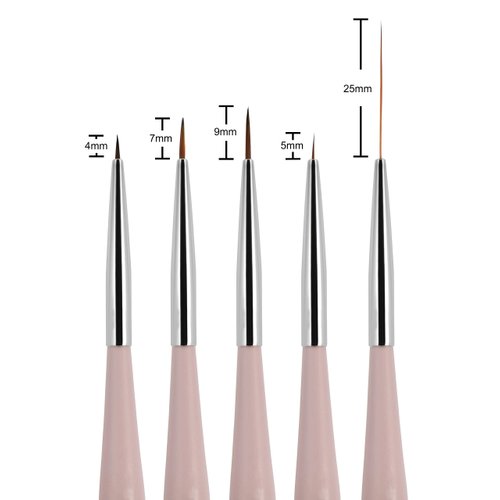 Beaute Galleria 5 Pieces Nail Art Brush Set with Liners (4mm, 7mm, 9mm) Striping Brushes (5mm, 25mm), for Thin Fine Line Drawing, Detail Painting, Striping, Blending, One Stroke