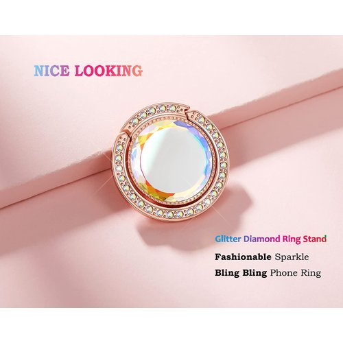 lenoup Glitter Bling Bling Phone Ring Holder,Sparkle Phone Ring Grip Artificial Stand with Flat Diamond,Flat Rhinestone Cell Finger Ring for Phones,Pad(Rose Gold)