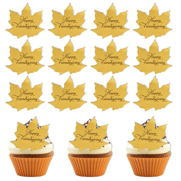 20 Pcs Fall Cupcake Topper Decorations Thanksgiving Day Party Supplies Mirror Maple Leaf Design Autumn Harvest Cake Food Gold Acrylic Accessories
