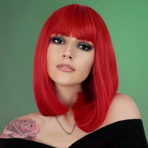 Red Bob Wigs for Women Short Bob Wig with Bangs Yaki Straight Synthetic Wig Christmas Wigs Natural Looking for Daily Use Party Halloween and Cosplay