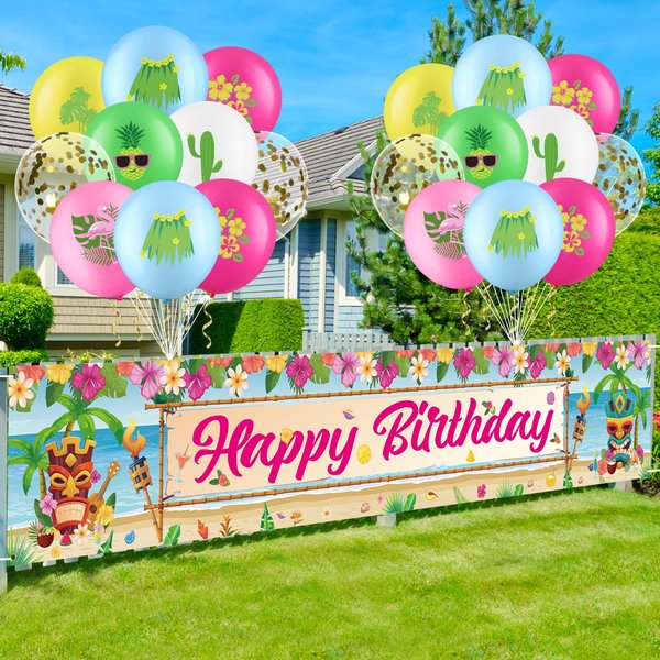 Hawaiian Luau Birthday Party Decorations Summer Hawaiian Birthday Banner Yard Sign and 20Pcs Hawaiian Themed Balloons Aloha Beach Party Banner Decorations Tropical Indoor Outdoor Party Supplies