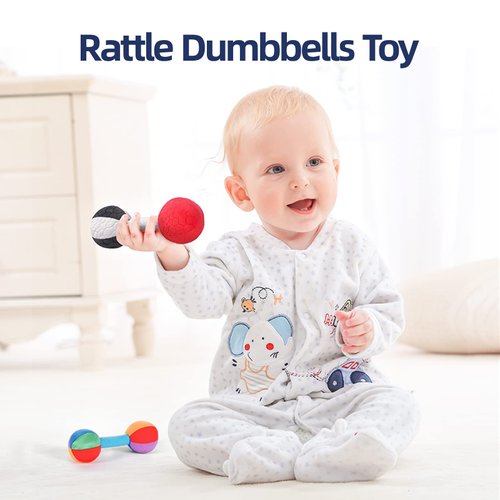 Jollybaby Soft Plush Stuffed Baby Dumbbell Rattle Toys for 0-3-6 Months Newborn, High Contrast Colorful Sensory Rattles Weights Toys for Infant Baby 0-3 Months, Funny Baby Boy Girls Shower Gifts
