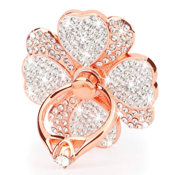 Phone Finger Ring Stand with Sparkly Diamond, Nsiucion Heart Lucky Clover Phone Ring Kickstand Holder [Washable] [Removable], 360°Rotation Zinc Alloy Ring Grip Stand for All Phones (Rose Gold)