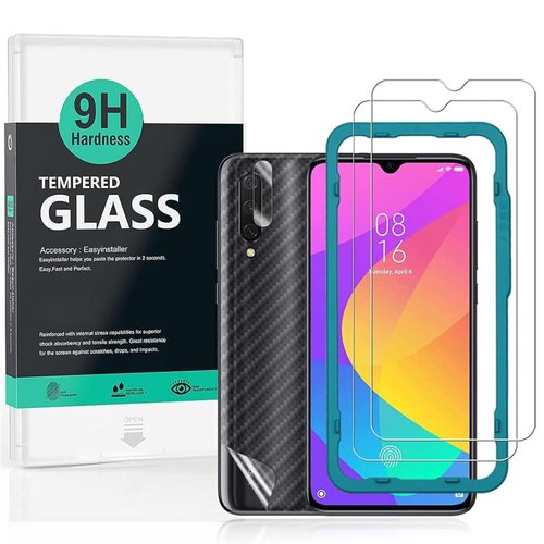 Ibywind Screen Protector For Xiaomi Mi 9 Lite/CC9,with 2Pcs Tempered Glass,1Pc Camera Lens Protector,1Pc Backing Carbon Fiber Film [Fingerprint Reader,Easy to install]