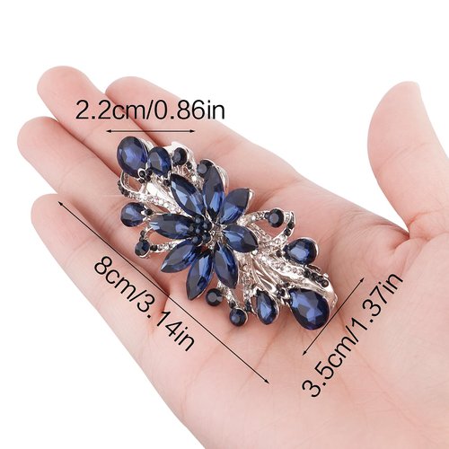 Flower Luxury Jewelry Design Hairpin, Deep Ocean Blue Rhinestone Hair Barrette Clip, Gorgeous Hair Accessory for Wedding and Women, Crystal Floral Hair Jewelry for Girls Mom Bridal