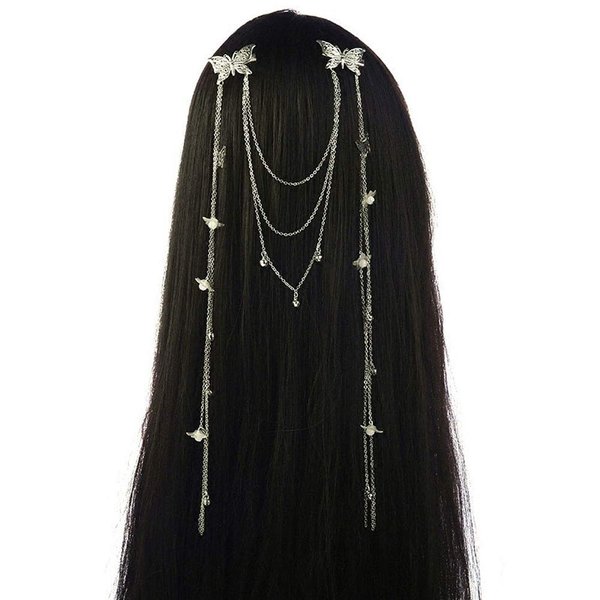 Women Lady Retro Long Tassel Dangle Hairpin Hair Clip Silver Butterfly Duckbill clip Hair Accessories