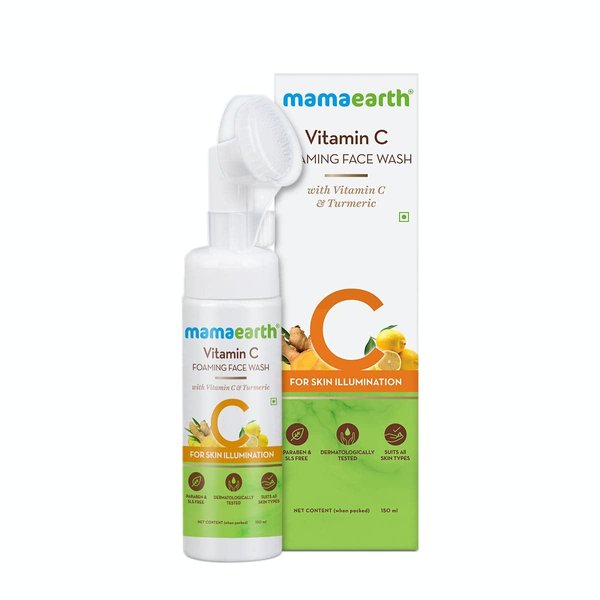 Mamaearth Vitamin C Foaming Face Wash with in-Built Brush | Skin Illumination with Turmeric | Gentle & Hydrating Dead Skin Exfoliator | Sulfate & Paraben Free | 5.07 Fl Oz (150ml)