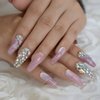 CoolNail Bling Jewelry Ballerina Coffin Press on False Fake Nails 3D Marble Pink Glossy Extra Long Salon Party Wear Full Cover Nail Tips