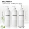 MOIIKKO 32oz Refillable Shampoo and Conditioner Dispenser Bottles - Set of 3 Empty Shampoo Conditioner Body Wash Dispenser with 8 Waterproof Labels