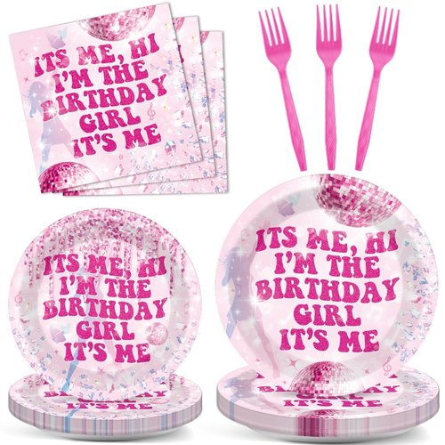 Justforjoyful 96PCS Hi Im the Birthday Girl Party Decoration Popular Singer Tableware Set Music Pink Paper Plate Napkin for Girl Women Birthday Baby Shower Party Supplies Favors Serve 24