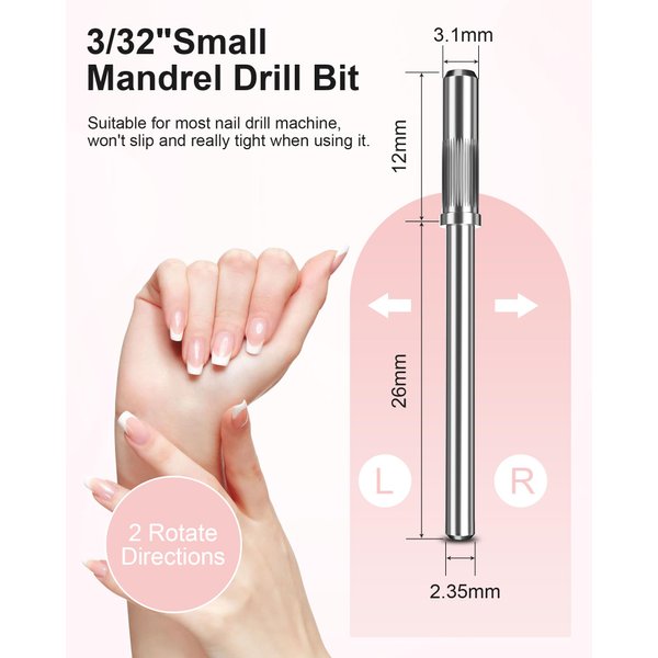 Rolybag Small Mandrel Bits Nail Drill Bits 3.1mm Mandrel Bit for Nail Small Sanding Bands 3/32'' Shank Nail Drill Bit for Electric Drill File Machine Nail Drill Head Manicure Accessory Mandrel, 5pcs