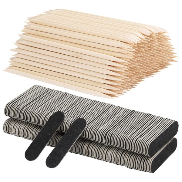 400pcs Nail Files Kit- 200 Mini Nail Files 180/240 Grit, 200pcs Orange Nail Sticks Pedicure Wood Cuticle Pushers