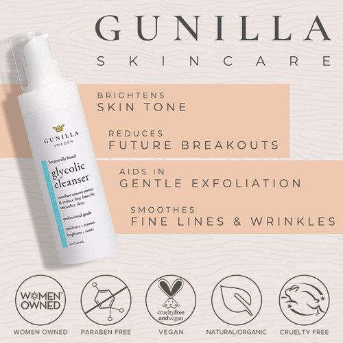 GUNILLA 2% Glycolic Cleanser an Exfoliating Daily Face Wash for Anti-Aging, Moisturizing, for All Skin Types with Organic Aloe & 16+ Botanicals 4 oz