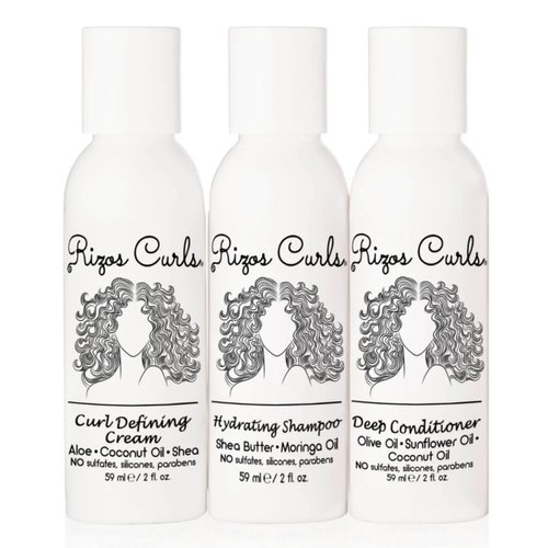 Rizos Curls Trio Travel Kit, Travel Hydrating Shampoo & Deep Conditioner & Curl Cream Bundle, Gently Cleanse and Hydrate, Style & Define Curls for Frizz Free Volume
