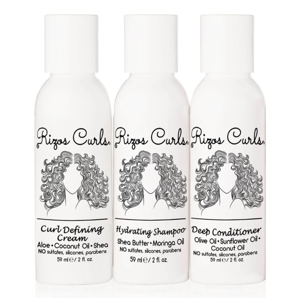 Rizos Curls Trio Travel Kit, Travel Hydrating Shampoo & Deep Conditioner & Curl Cream Bundle, Gently Cleanse and Hydrate, Style & Define Curls for Frizz Free Volume