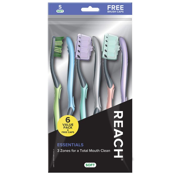 Reach Essentials Toothbrush with Toothbrush Caps, Multi-Zoned Angled Soft Bristles, Contoured Handle, Tongue Scraper, 6 Count