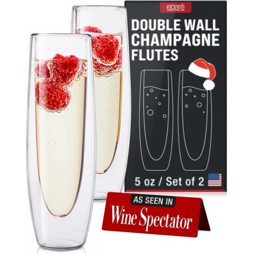 Eparé Stemless Champagne Flutes Glass - Set of 2 Double Wall Mimosa Glasses - Easy to Hold Bridesmaid Champagne Flute - Prosecco Glasses for Bridal Shower