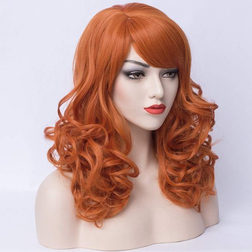 PATTNIUM Orange Wig Shoulder Length Curly Wig Orange Wig With Bangs Ginger Wig for Women and Girls Heat Resistant Synthetic Cosplay Costume Wig (Orange)