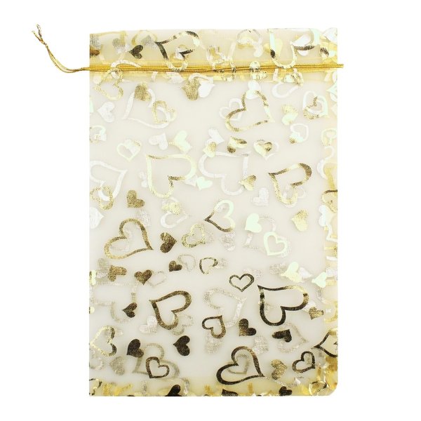 QIANHAILIZZ 8 x 12 Inch 100 Drawstring Heart Flower Bags Organza Jewelry Gift Pouch Candy Pouch Drawstring Wedding Favor Bags (gold heart)