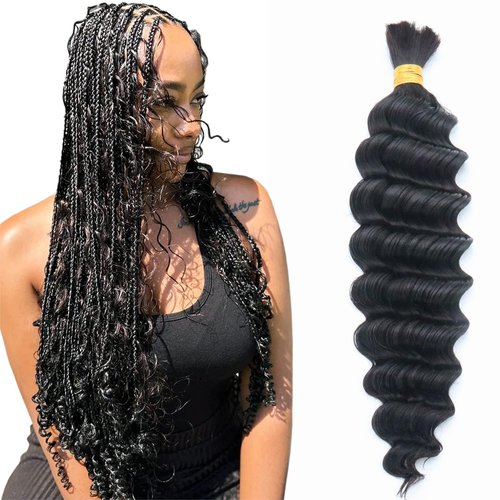 IXIMII Human Braiding Hair 18 inch 3.5oz(100g) 100% Human Hair Deep Wave Bulk No Weft Natural Black Color Curly Hair Extensions for Boho Braids