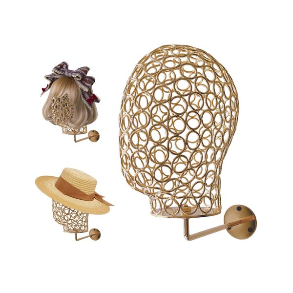 CHADWICK Wall Mount Hat Stand Metal Hollow Mannequin Head Stand Hanging Wig Holder 21Inch Wig Drying Holder Wig Storage Organizer Rack Hat Display Stand for Hats, Wigs, Caps, Earrings, Chrome Gold