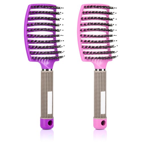 KINGMING Wet Hair Brush Detangling Brush for Wet & Dry, 2 Pack (Pink+Purple), Curved Vented Brushes for Women Kids, Detangler for All Hair Types