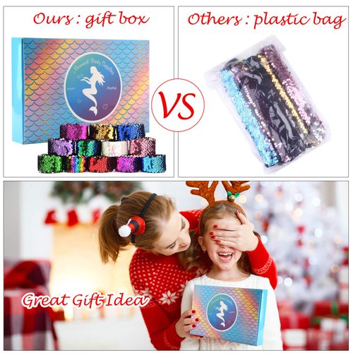 KUUQA 16 Pcs Magic Sequins The Mermaid Bracelets 2-Color Sequin Reversible Glitter Slap Bracelets Charms Wristband for Kids Little Mermaid Birthday Party Favors Bags Supplies (Random Colors)