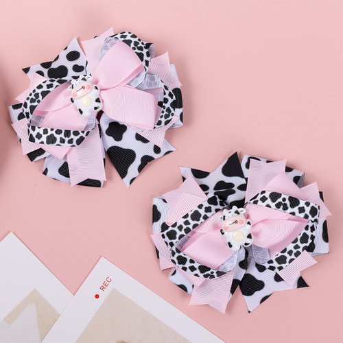 Cow Print Hair Bow Clips 4" Girls Cute Holstein Moo Cow Alligator Barrettes Pigtail Pins Pink Barnyard Farm Animal Birthday Party Outfit Halloween Costume Decor Accessory Gift