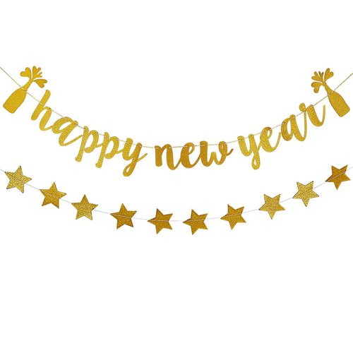 Gold Glitter Happy New Year Banner and Twinkle Stars Garland, 2025 New Years Banner New Year Eve Banner 2025 for Happy New Year Party Decorations 2025, New Years Eve Party Supplies 2025