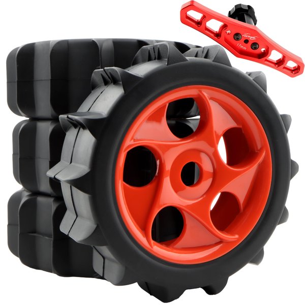 GDOOL 4 Pieces 1/8 Scale RC Buggy Paddle Tires Hex 17mm Wheels & 17MM Hex Nuts Sleeve Wrench Metal Tools for Traxxas Arrma Typhon 3S 6S Losi HPI Redcat Snow Sand Desert Off Road Car (Red)
