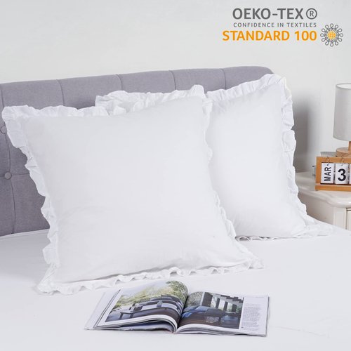 100% Washed Cotton Euro Shams with Ruffle, 2 Pack 26" x 26" Cotton Euro Sham Pillow Covers, No Insert, Ultra Soft Decorative Farmhouse Pillow Covers for Bed Sofa, White