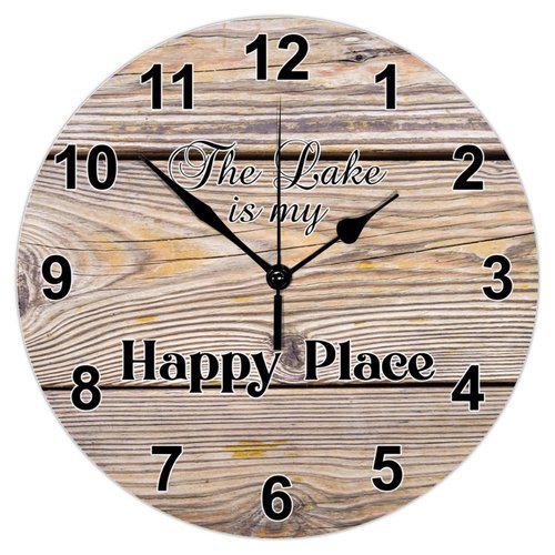 Funny Wood Wall Clock Lake is Happy Place Easy to Use Rustic Round Wooden Clock Easy to Read Stylish Wall Wood Clock Countryside Wall Hanging Art for Lake House Dining Room Study Decor