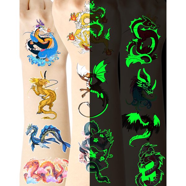 140 Pieces Luminous Dragon Temporary Tattoos Dragon Party favors for Kids Adults,Glow in The Dark Dragon Tattoos Stickers Party Supplies Dragon Birthday Party Favors Goodie Bag Fillers