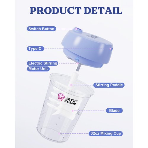 LET'S RESIN Auto Resin Mixer, Hands-Free Easy Clean Epoxy Mixer, Electric Stirrer for 24Fl.oz Mixing, Resin Supplies for Resin Casting, Molds, Soap Making(10pcs 32oz Mixing Cups) Blue