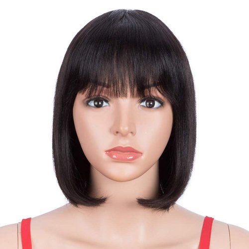 Spotlight Short Bob Wigs with Bangs for Women Human Hair 180% Density Short Bob Human Hair Wigs With Bangs (Natural Black, 1B Color)