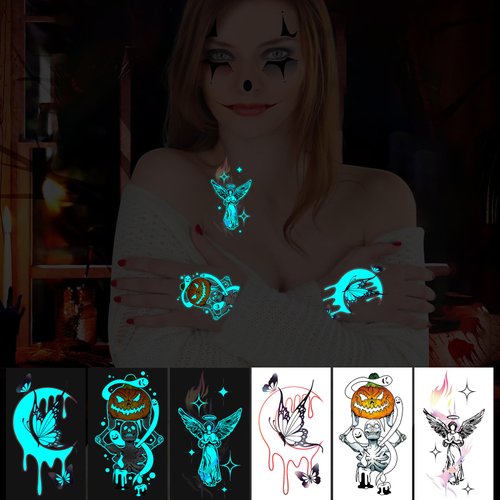 Konsait 24 Sheets Glow in the Dark Tattoos, Halloween Temporary Tattoos Adult Women Luminous Body Makeup Fake Tattoos Blue Tattoos for Kids Halloween Goodie Bag Stuffers