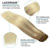 Lacer Natural Hair Extensions Clip in Human Hair 120g 7pcs with 16 Clips B#8/60 Light Brown Fading to Platinum Blonde Ombre Human Hair Extensions for Women 18 Inch