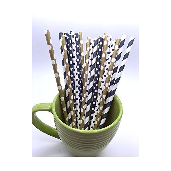 125 Navy and Gold Paper Straws - Party DIY, Mason Jars, Baby Shower, Chevron and Polka Dots