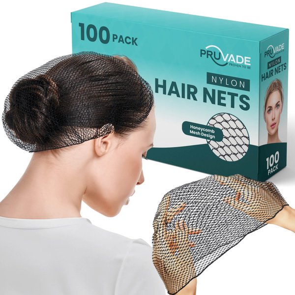 Pruvade - Nylon Hair Nets for Women & Men | 100 Pack | 24" Honeycomb Mesh Hair Net for Food Service, Medical & Industrial Use - Breathable & Sturdy for Bun Hair, Most Long & Short Hair - Latex Free