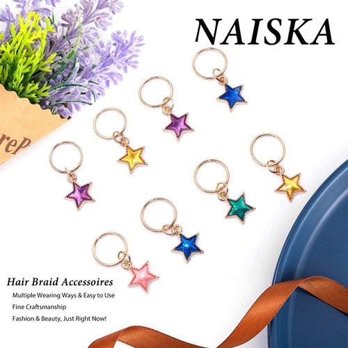 NAISKA 15 Pieces Gold Star Hair Accessories Braid Clips Colorful Stars Planet LoC Hair Jewelry Rings Starry Sky Pendant Charms Dreadlock Accessories Hair Jewelry for Women and Girls