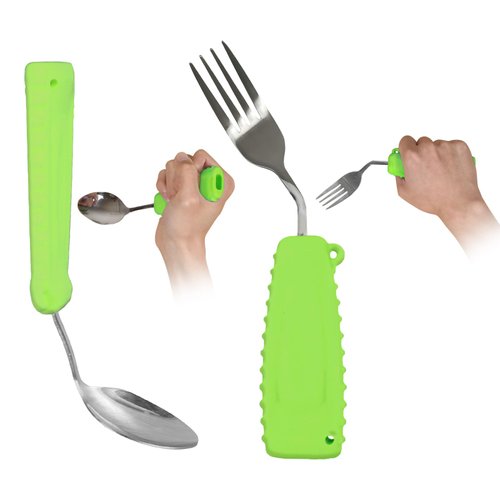 EZ Assistive Adaptive Utensils Spoon & Fork Easy to Hold for Independent Eating, Weighted Utensils for Hand Tremors (1 Set Green Hand Front Tilted)