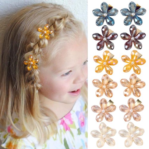 12 Pcs Mini Flower Hair Clips for Girls Crystal Mini Flower Claw Clips for Women Glitter Clips Rhinestone Hair Clips Metal Clamps Flower Hair Accessories for Girls Kids teens (Crystal 6 colors)