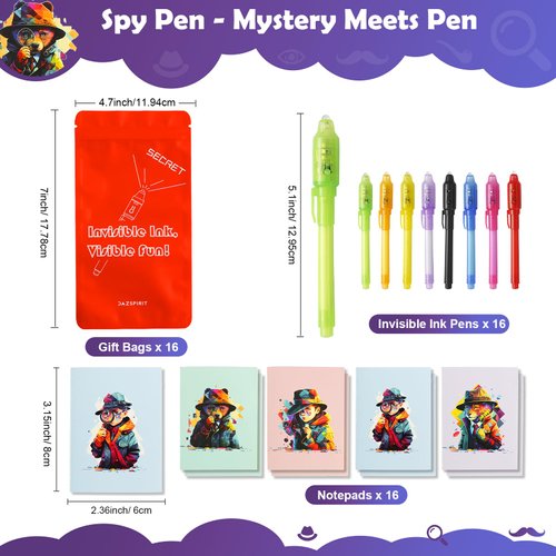 DazSpirit 16Pcs Valentines Invisible Ink Pen Set with UV Light, Mini Notepads & Favor Bags, Spy Pens for Kids, Top Secret Message Magic Markers, Disappearing Ink, Detective & Escape Room Themes