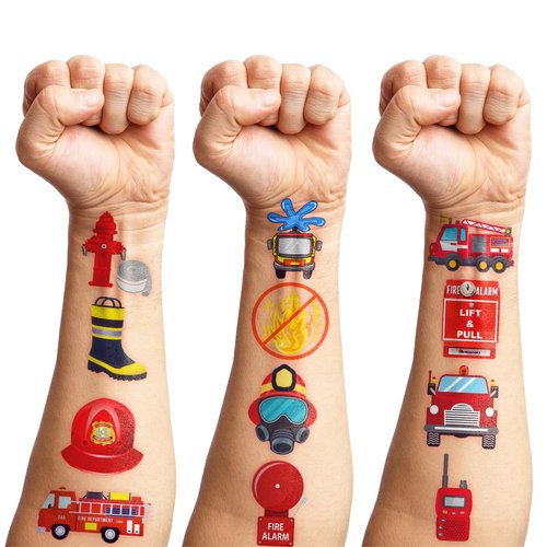 100 PCS Firetruck Fire Truck Firefighter Fireman Temporary Tattoos Themed Birthday Party Decorations Supplies Favors Decor Firehouse Stickers Cute Gifts for Games Boys Girls School Rewards Carnival