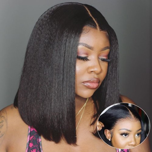 UNICE Bye Bye Knots Wig Yaki Kinky Straight Bob Wigs Human Hair Pre Bleached Invisible Knots 7x5 Lace Front Wigs Human Hair Pre Everything Glueless Wigs Pre Plucked Pre Cut Lace 10 inch