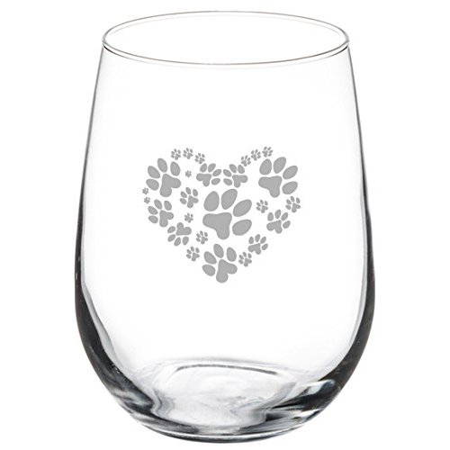 17 oz Stemless Wine Glass Love Animals Heart Paw Prints