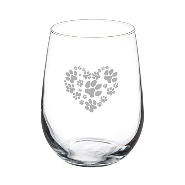 17 oz Stemless Wine Glass Love Animals Heart Paw Prints