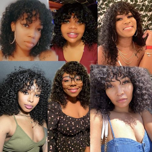 200 Density Scalp Top Curly Full Machine Made Human Hair Wigs with Bangs Remy Brazilian Short Curly Wig For Women (14 Inch)