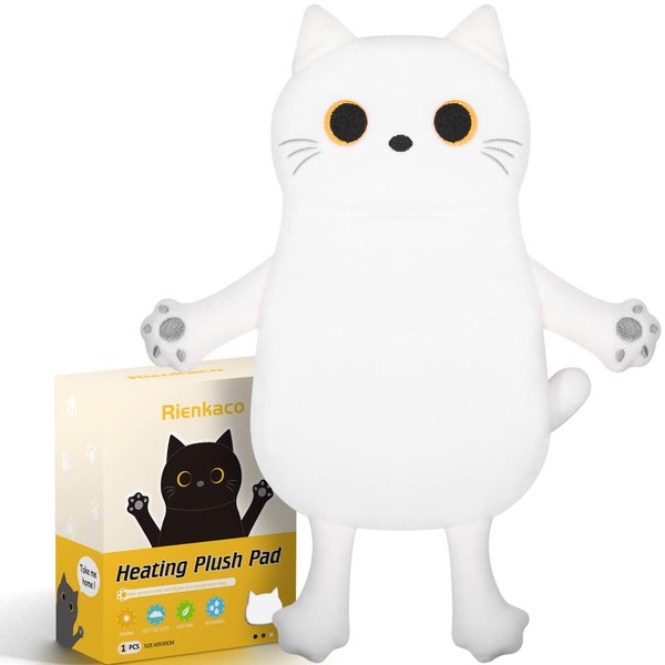 Microwave Heating Pad for Cramps Pain Relief, 16 * 12'' Moist Microwavable Period Menstrual Heating Pads for Cramps, Back, Neck Shoulder and Knee, Cute Stuffed Animal Heating Pad - White Cat