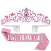 Pedenty Birthday Crown Tiara Sash Set for Girls Women - Metal Crown with Pink Rhinestones & Pink Glitter Birthday Girl Sash Birthday Gifts for Women Kids, Sweet Happy Birthday Accessories